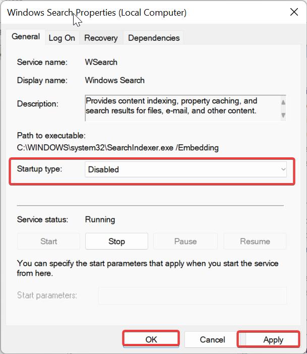 Disable Windows Search-Disable the startup type