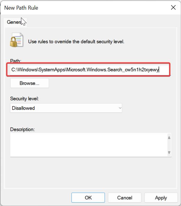 Disable Windows Search-Enter new path rule