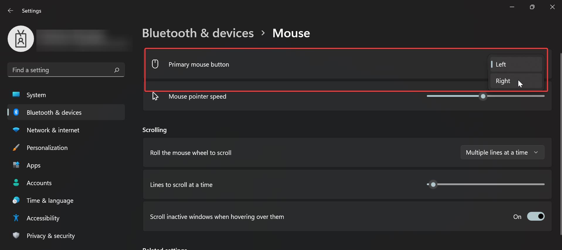 Switch Mouse Primary buttons using Settings