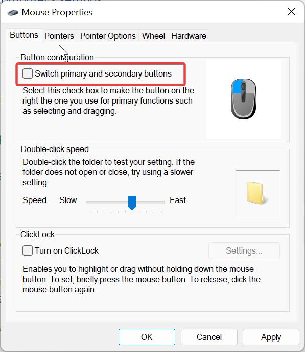 Switch Mouse Primary buttons using Control panel