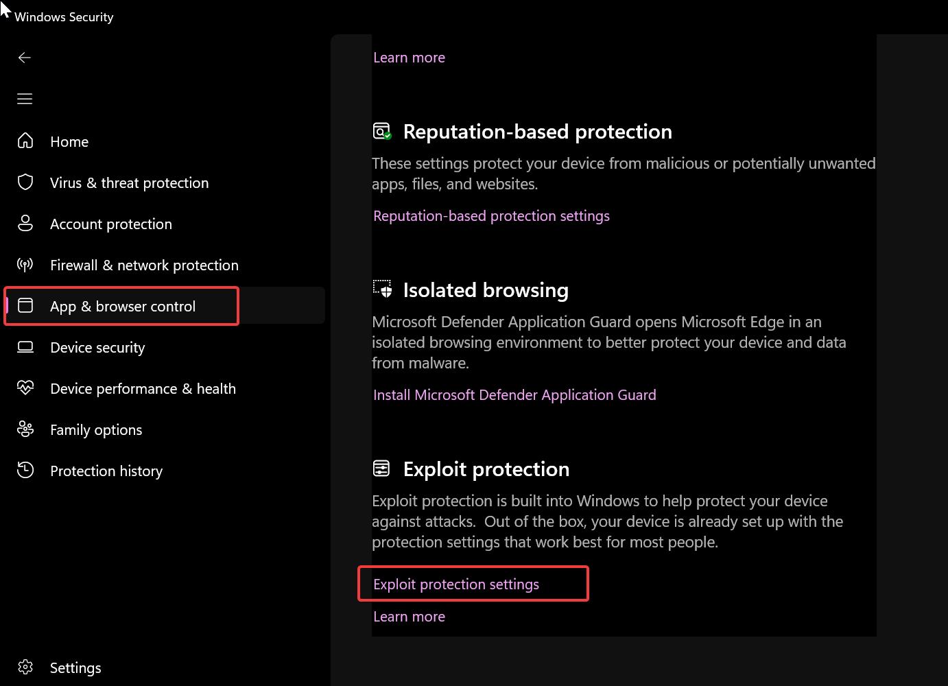 Exploit protection settings