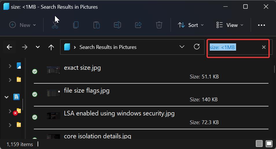 Files lesser than specific range-use File Explorer size filter