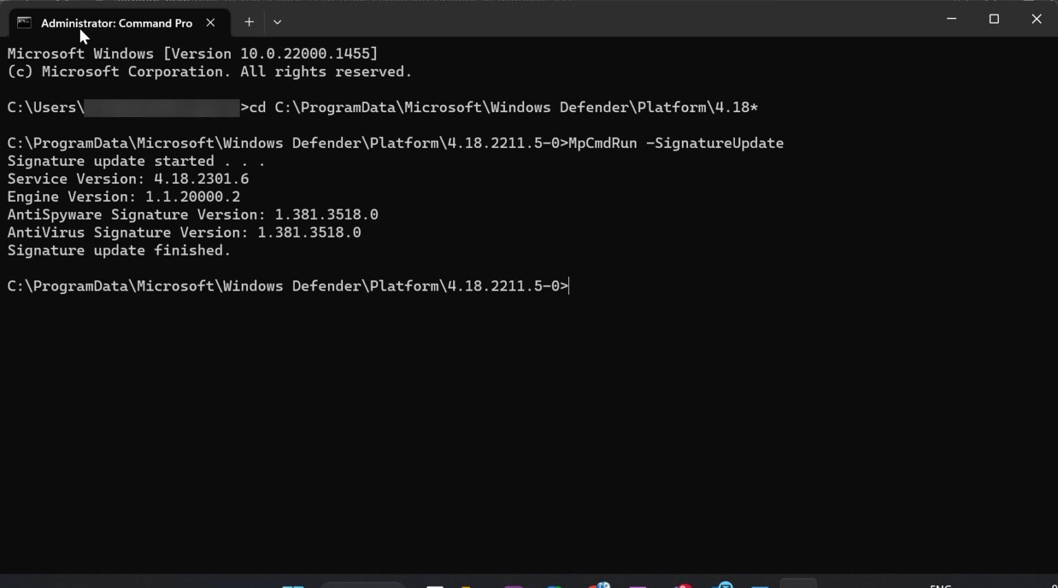 How to update windows defender virus signature using command prompt