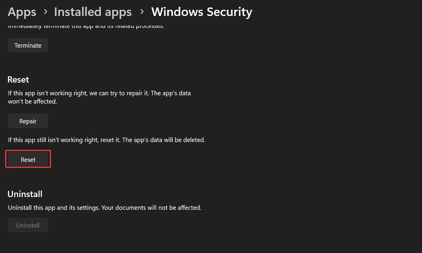Reset Windows Security-Security Protection History empty