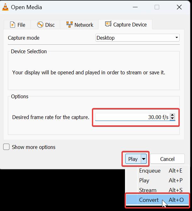 convert the play-Screen Record using VLC