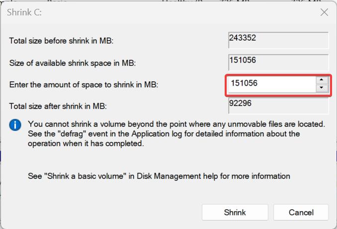Shrink Drive in Windows 11 using disk management