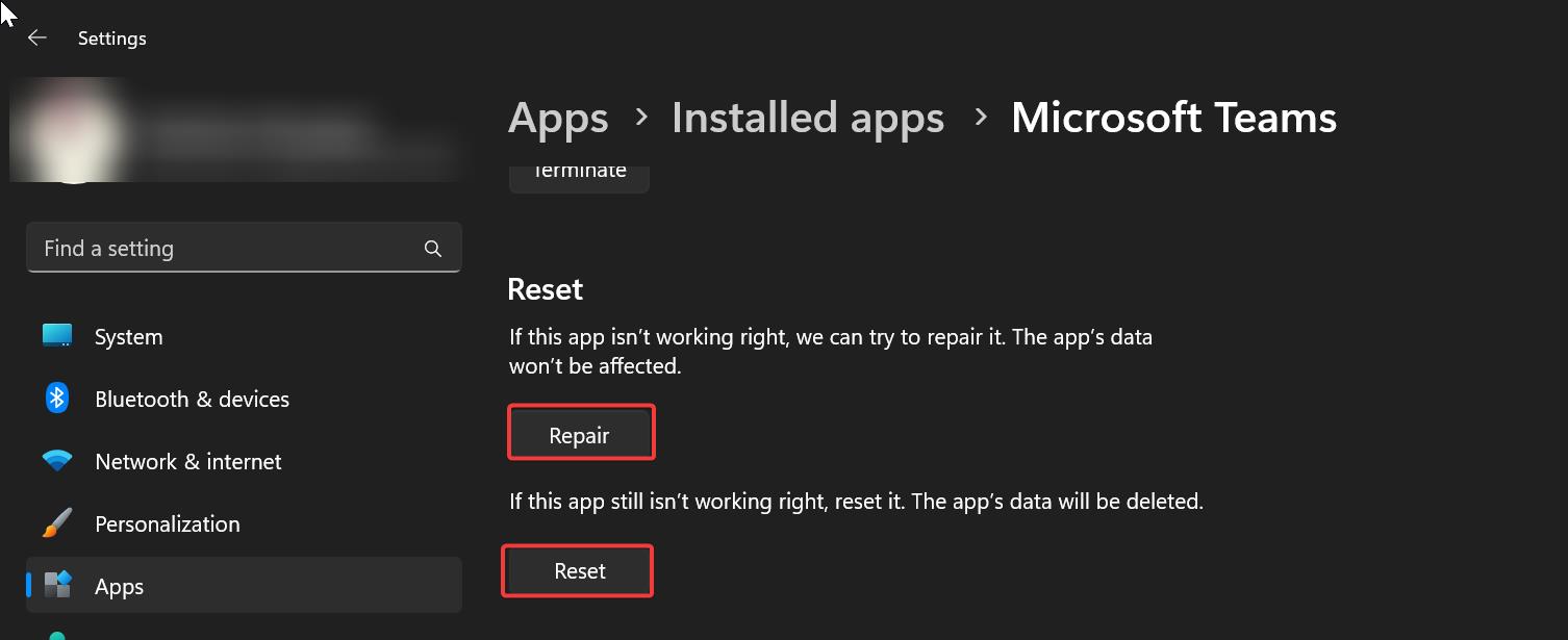 Reset repair-Teams app not opening