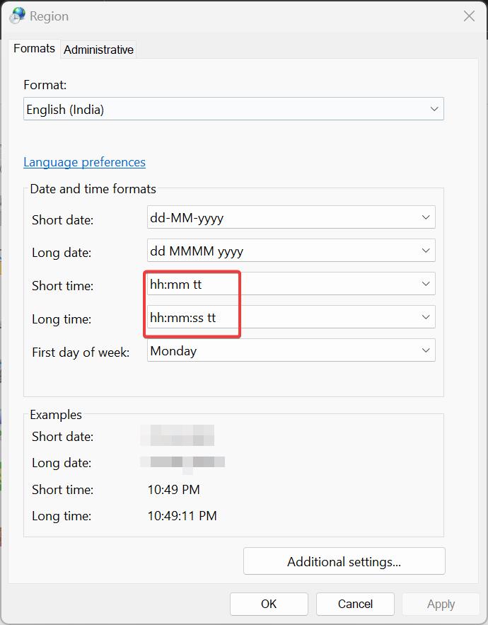 Change 24-hour time format using control panel