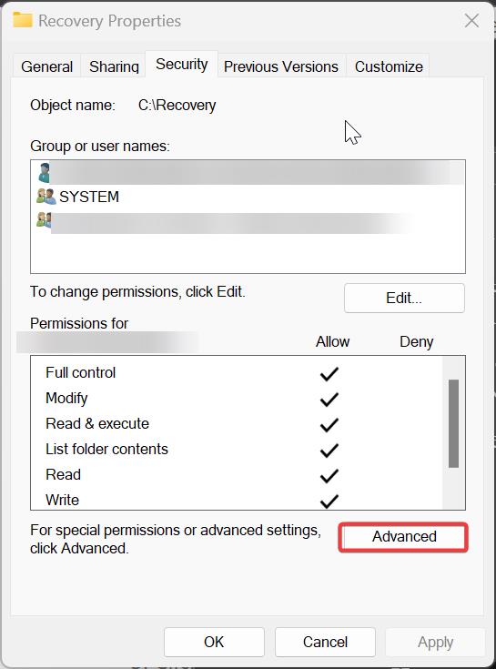 Advanced--You must have Read permissions