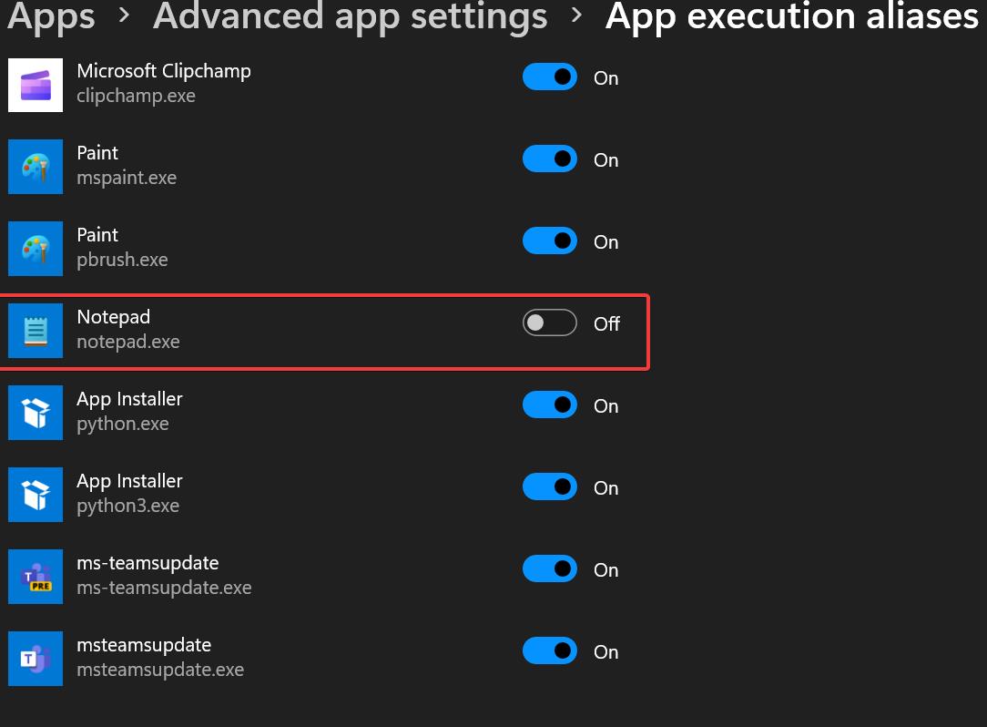 Install Classic Notepad by disabling the app execution aliases
