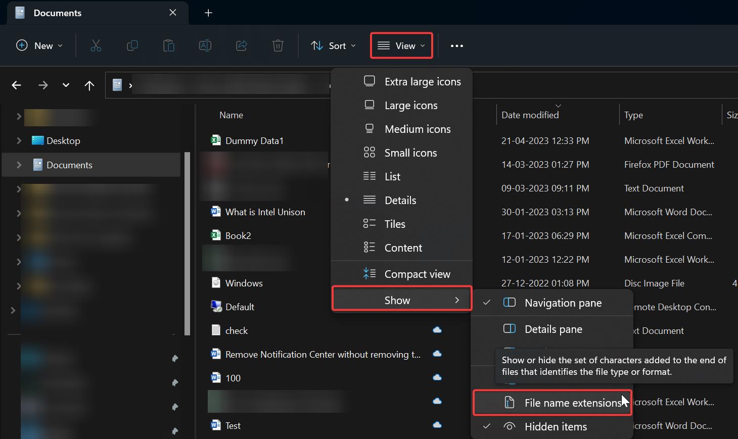 Show File Extensions in Windows using file explorer