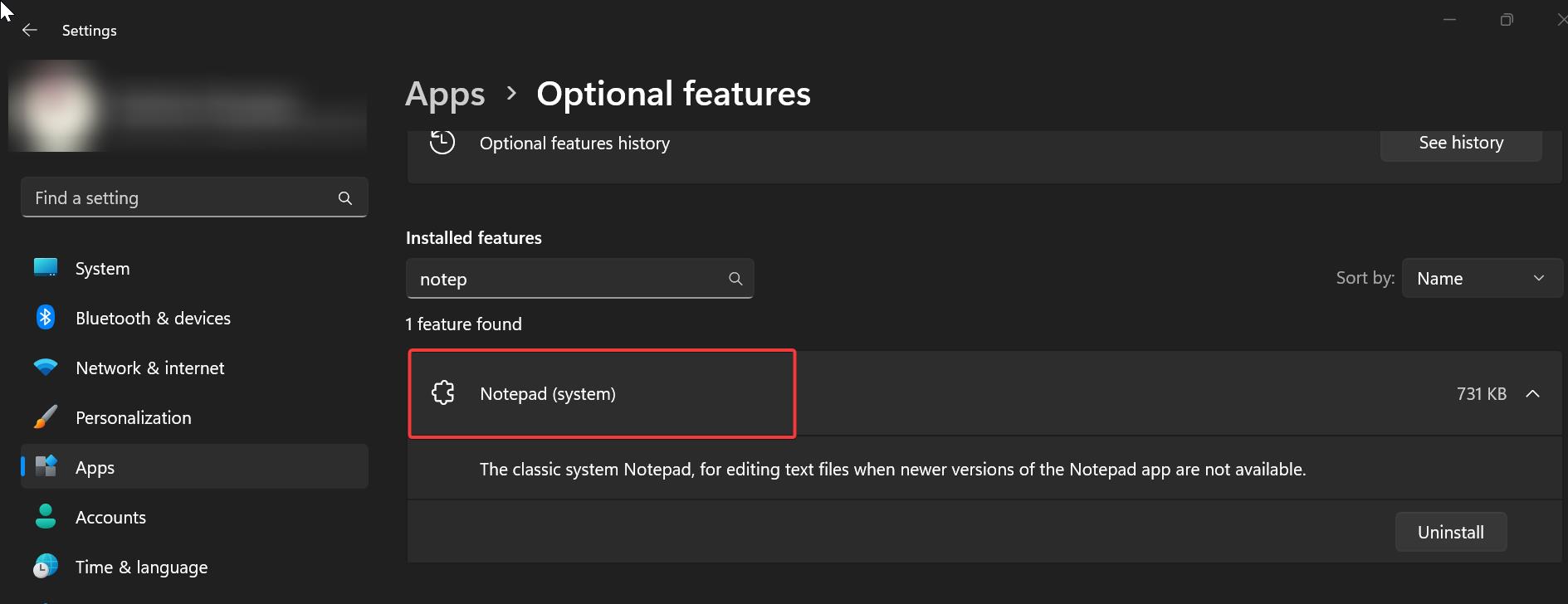 Install Classic Notepad using Optional features