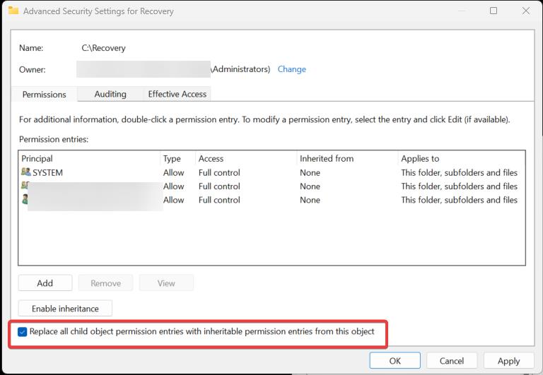 Replace all child object permission-folder permission in Windows