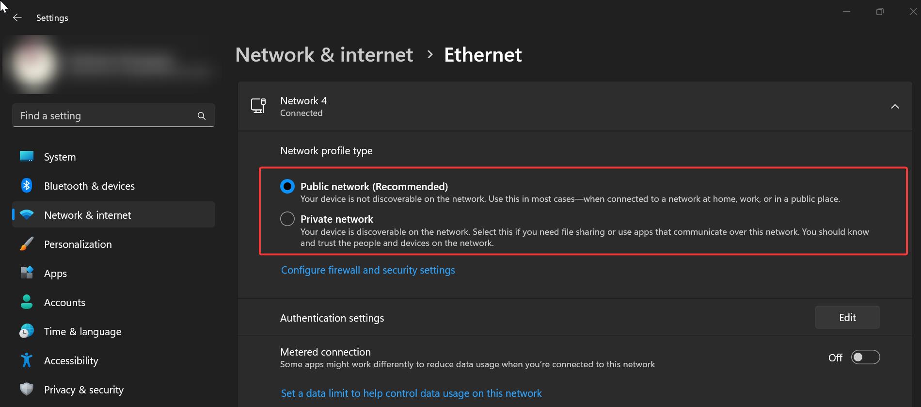 Change the Network Profile type using settings