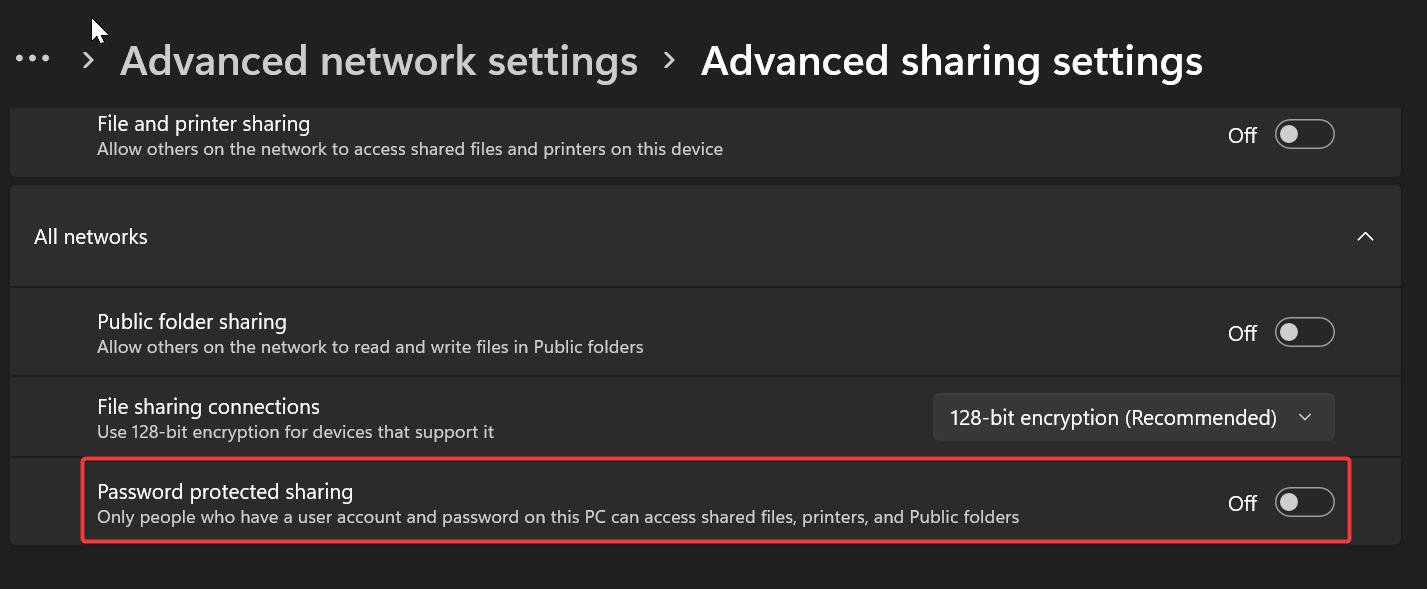 Disable password protected sharing