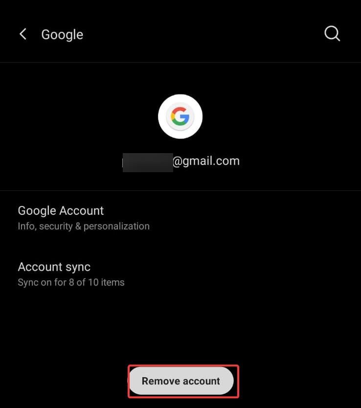 Remove greyed-out account on android