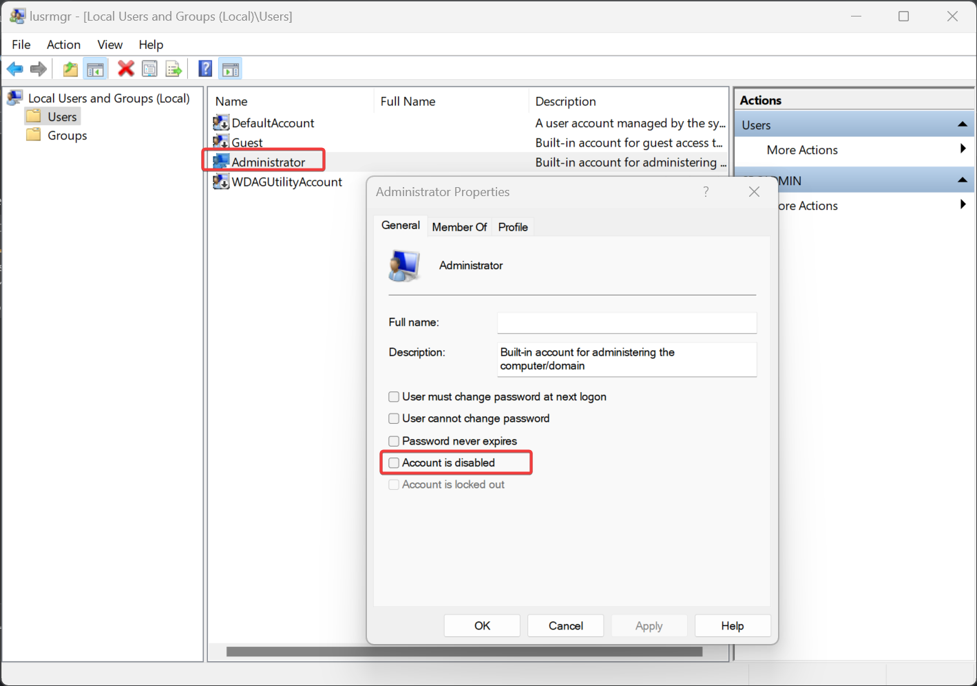 Enable Built-in Administrator Account using users console
