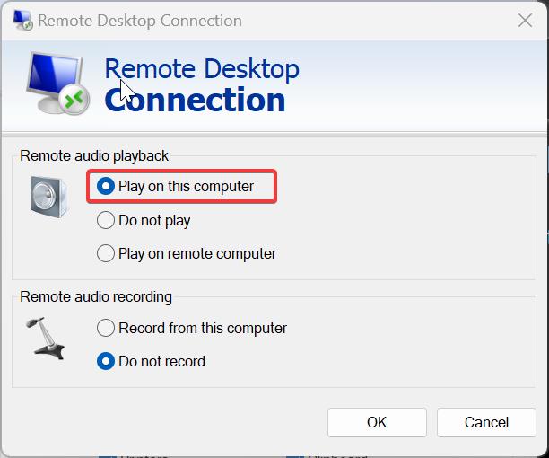 Remote Desktop Connection audio not Working-play on this computer