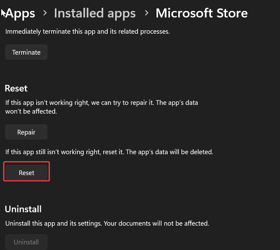 Reset Microsoft store, Microsoft Store not launching