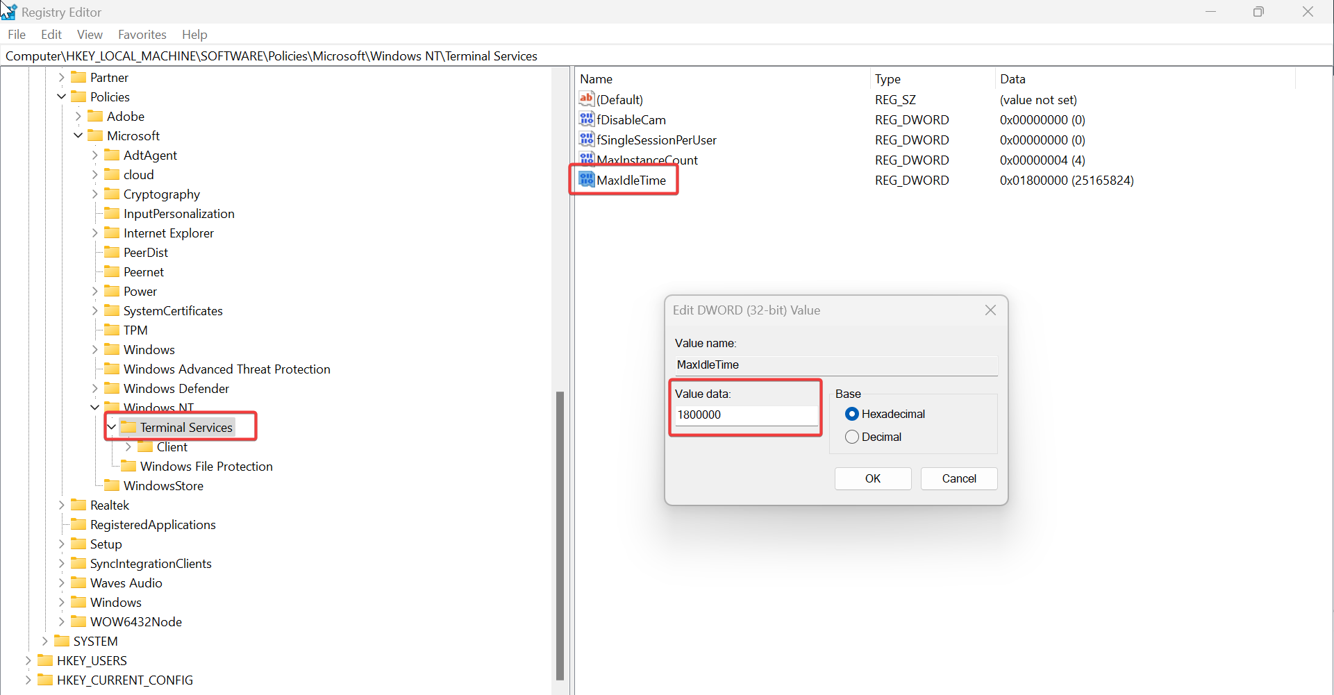 Using Registry Editor- increase the Idle disconnect time