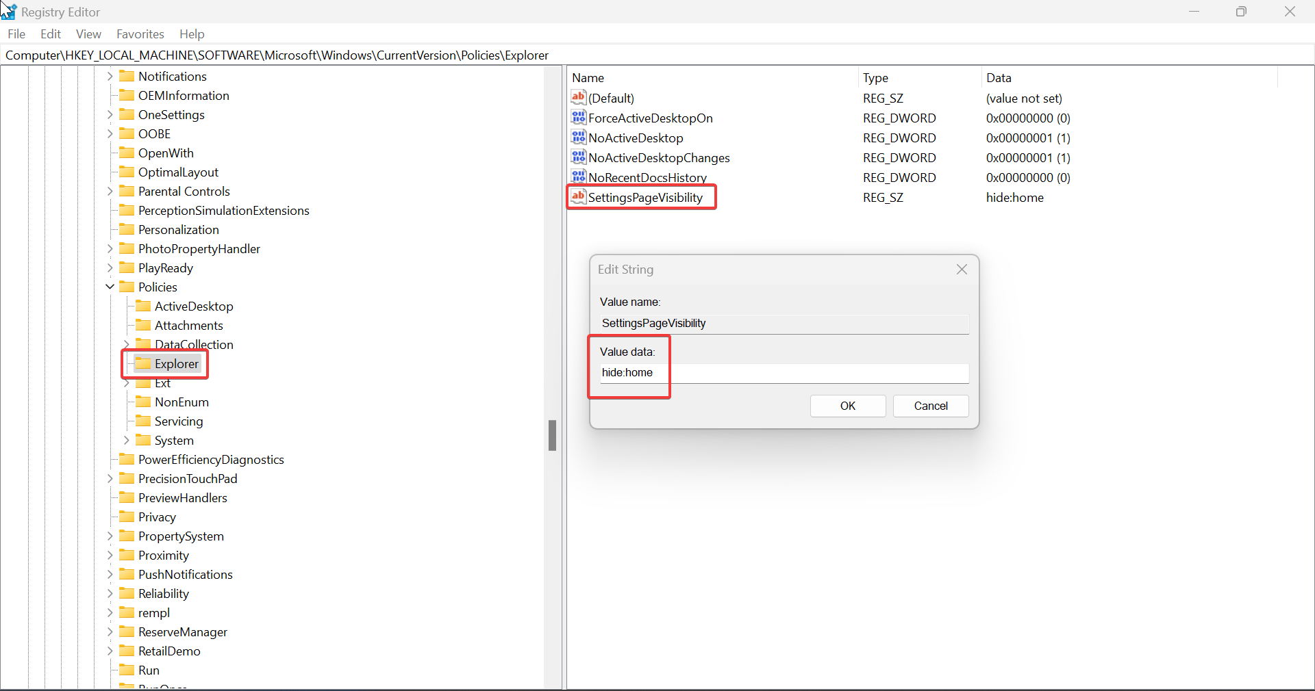 Disable Settings Home Page Registry Editor