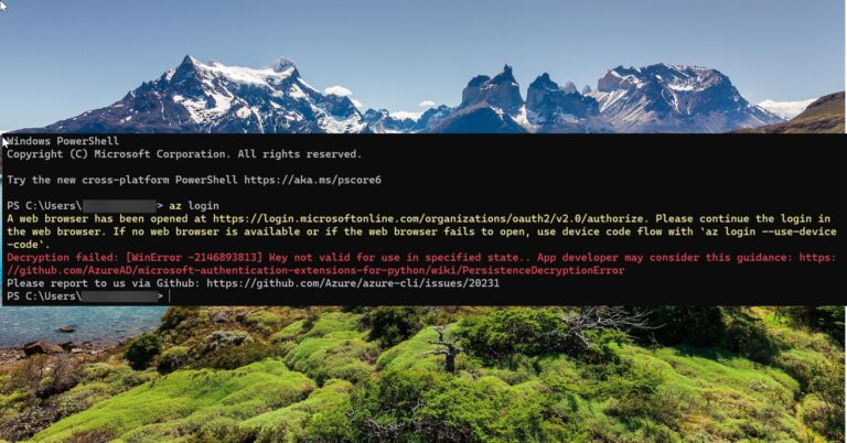 Fix az login Key Not Valid for use in specified state Decryption Error 2146893813