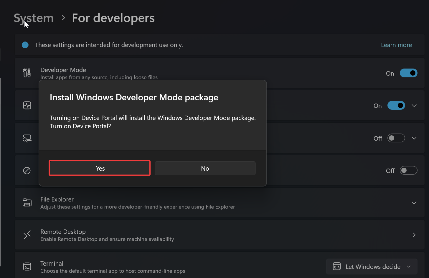 Enable Device Portal-install developer mode package
