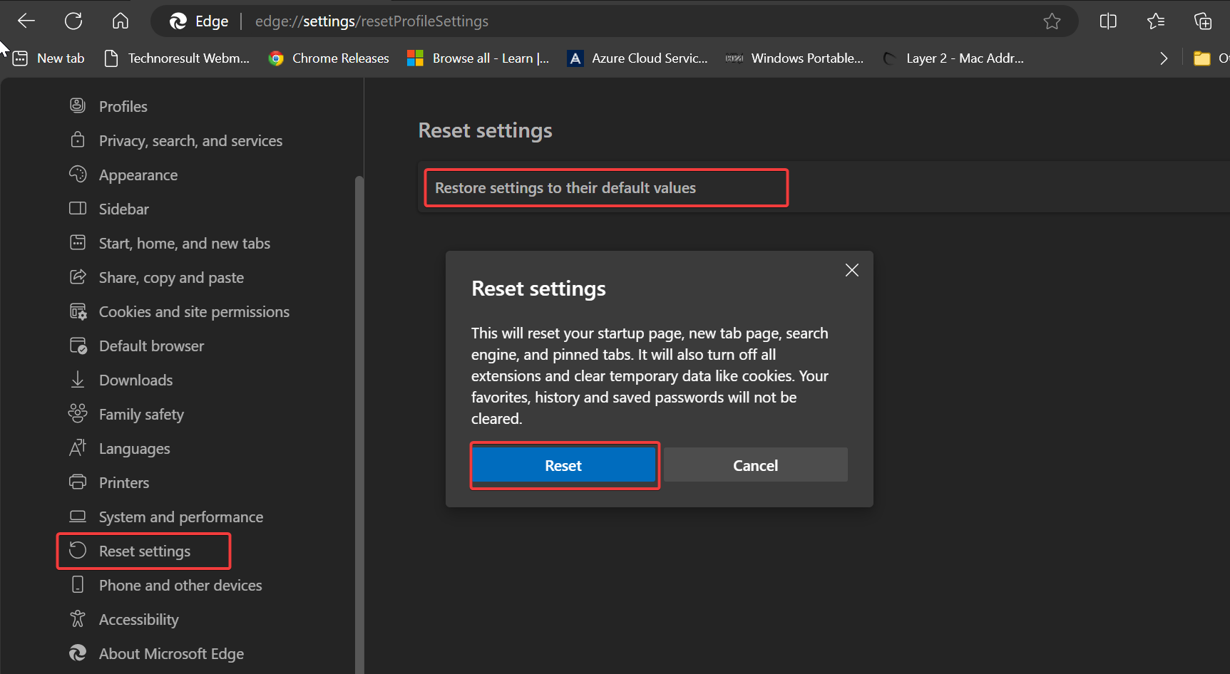 Reset Settings-Microsoft Edge Not Working