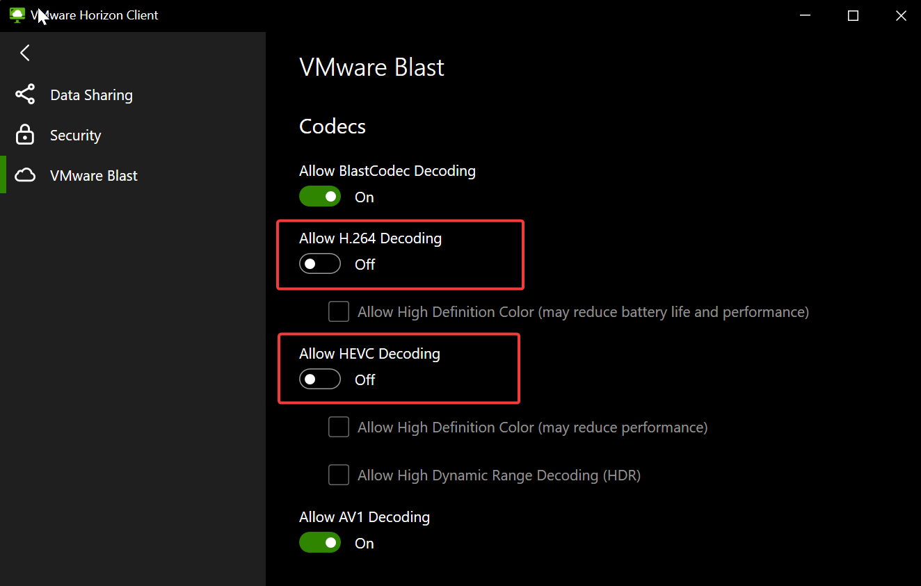 Disable H.264 and HEVC-VMWare Horizon Client not opening
