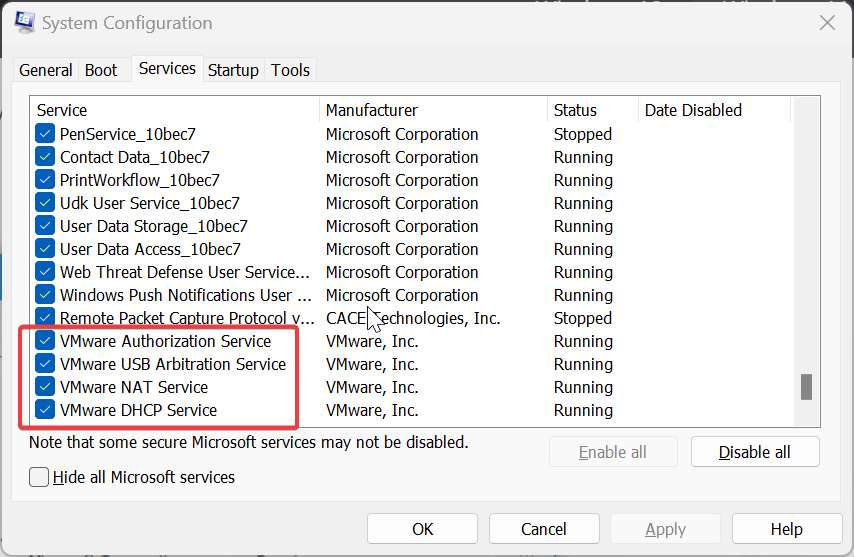 Enable VMWare service-VMWare Authorization Service