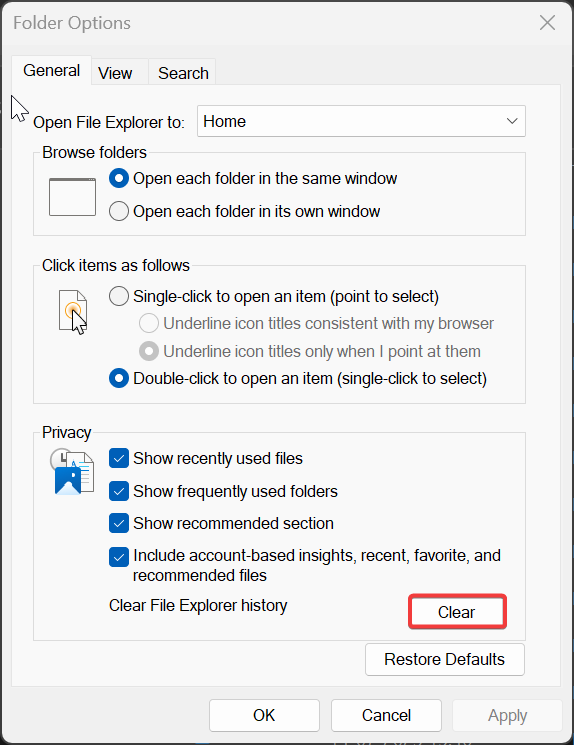 Folder Option clear quick access history