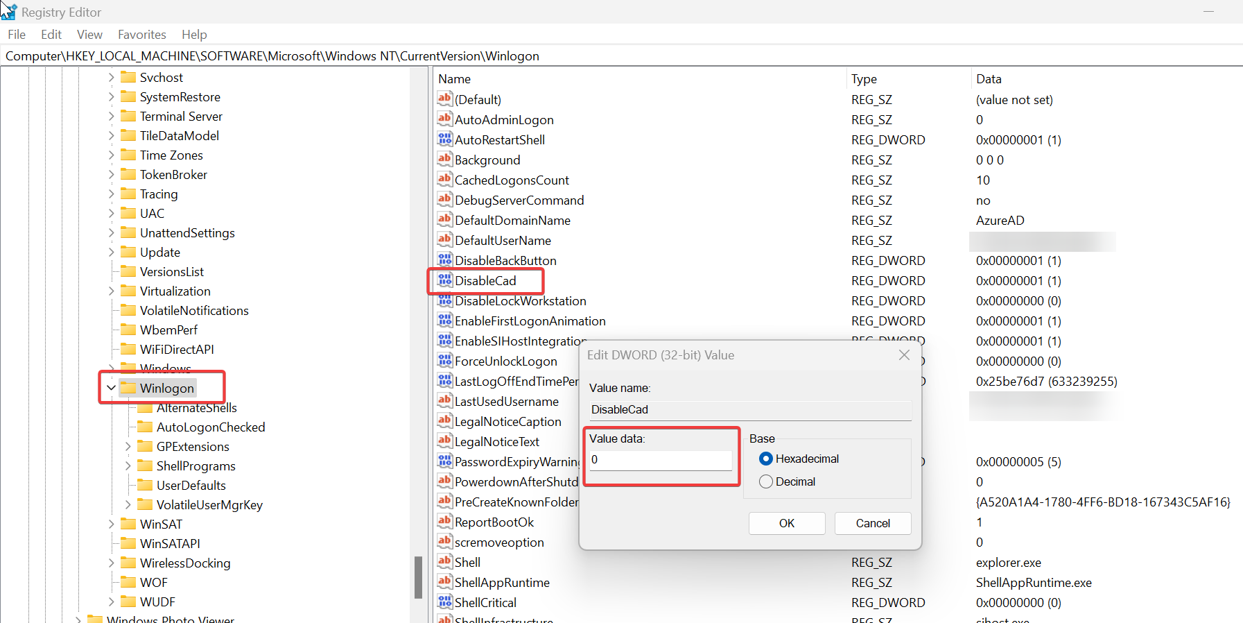 Enable CTRL+ALT+DEL Secure sign-in on Windows 11using Registry editor