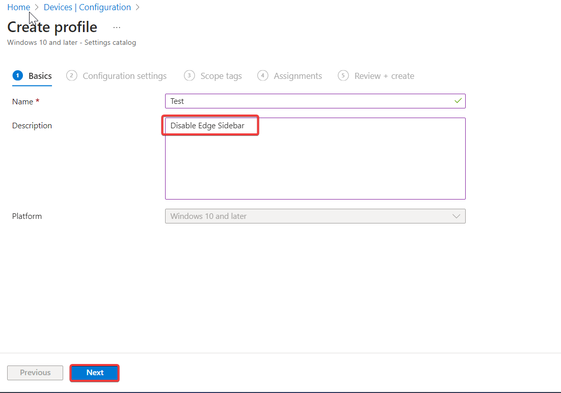 Name and description- Disable Edge Sidebar using Microsoft Intune
