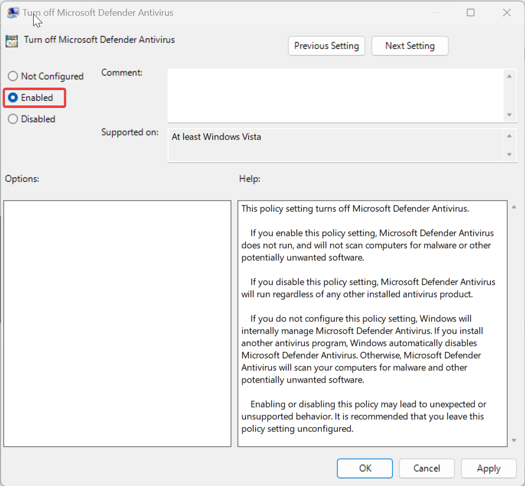 Permanently Disable Microsoft Defender using group policy