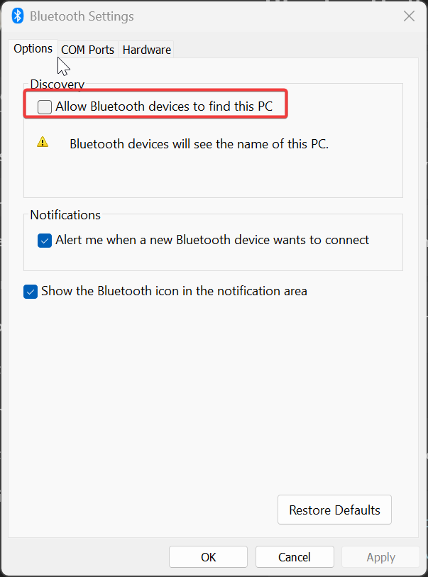 check allow bluetooth devices to find this PC-fix Bluetooth Discover Problem