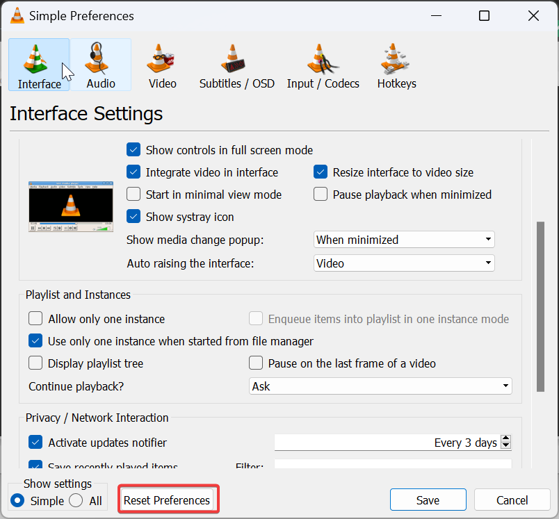 Reset VLC preferences-VLC not playing mkv