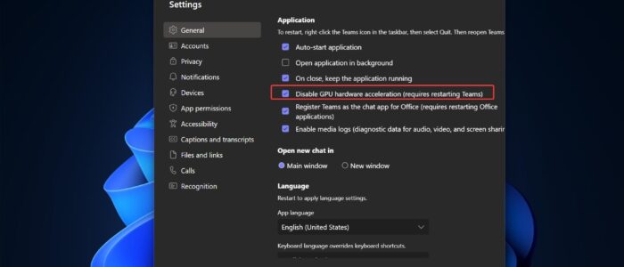 Disable GPU hardware acceleration in new teams