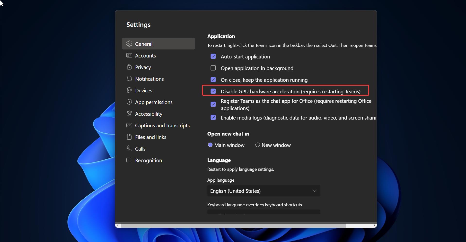 Disable GPU hardware acceleration in new teams