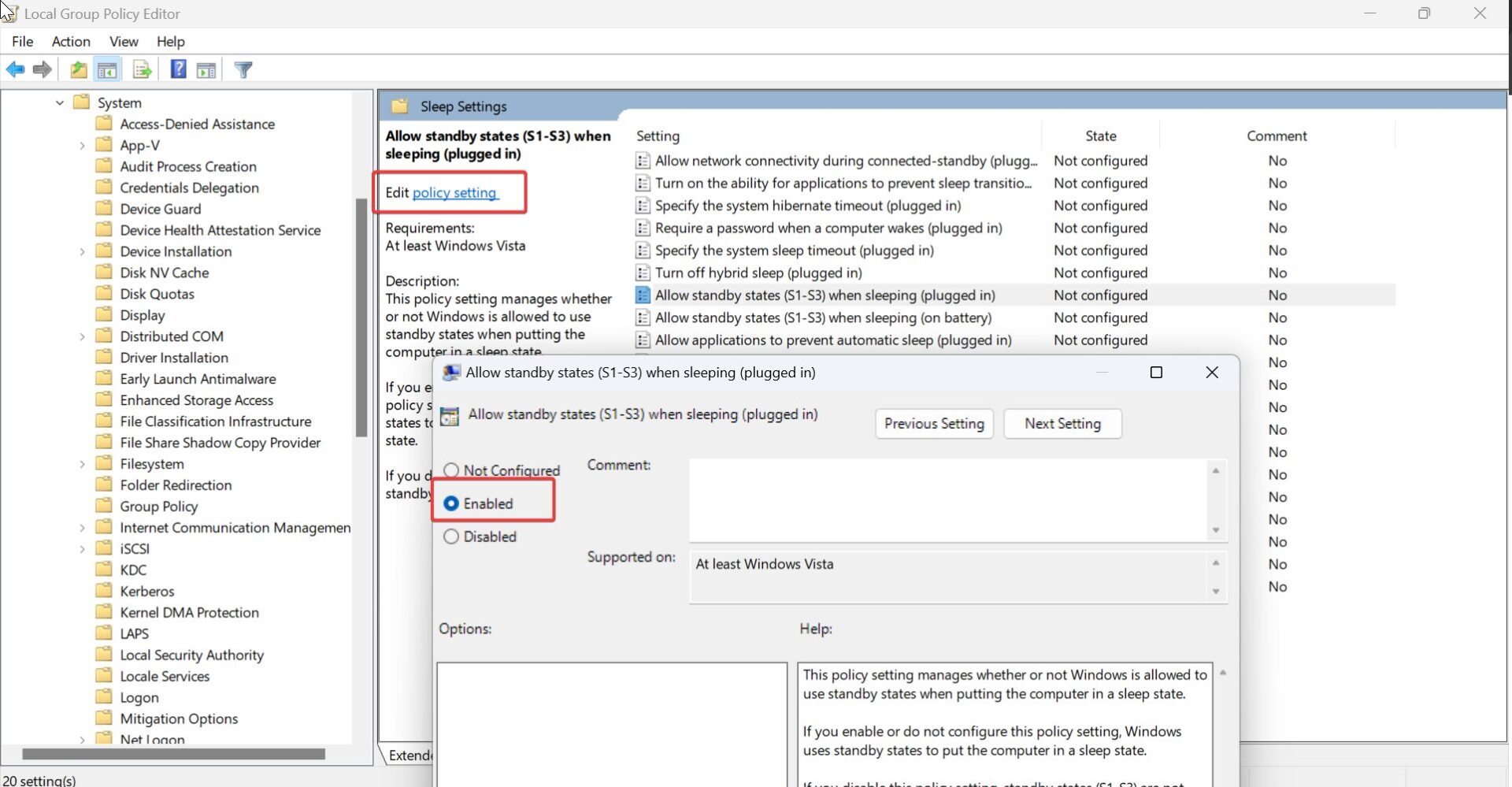 Enable S1 S3 power states