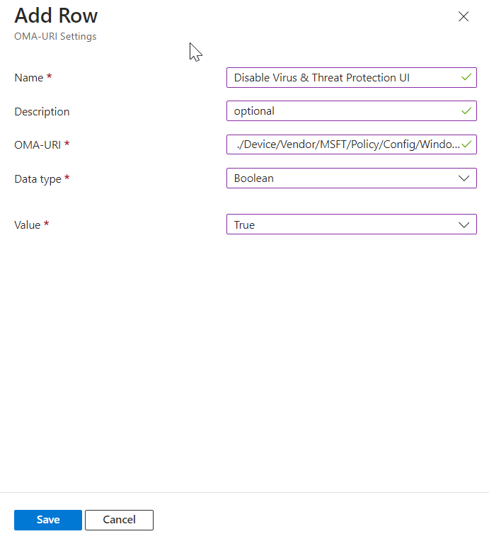 Disable Virus and threat Protection using Intune-OMA URI setting